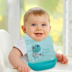 Baby Moo Happy Dragons Premium Waterproof Crumb Catcher Bibs - Turquoise