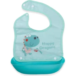 Baby Moo Happy Dragons Premium Waterproof Crumb Catcher Bibs - Turquoise