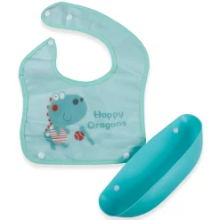 Baby Moo Happy Dragons Premium Waterproof Crumb Catcher Bibs - Turquoise