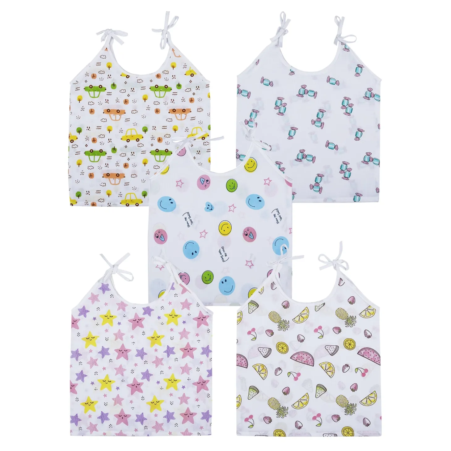 Baby Moo Happy Sweet Stars Round Neck Sleeveless Tie Knot Cotton Jhablas 5 Pcs - Orange, Multicolour
