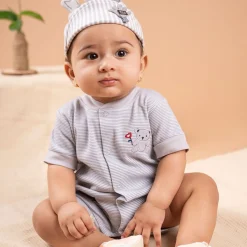 Baby Moo Happy Teddy Embroidered Soft Cotton Short Romper - Grey