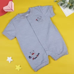 Baby Moo Happy Teddy Embroidered Soft Cotton Short Romper - Grey