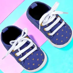 Baby Moo Heart Print Lace-Up Anti-Skid Sneakers - Navy Blue