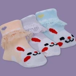 Baby Moo Heart Print Soft Lace Socks Pack of 3 - Peach, Blue