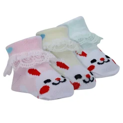 Baby Moo Heart Print Soft Lace Socks Pack of 3 - Pink, Mint Green