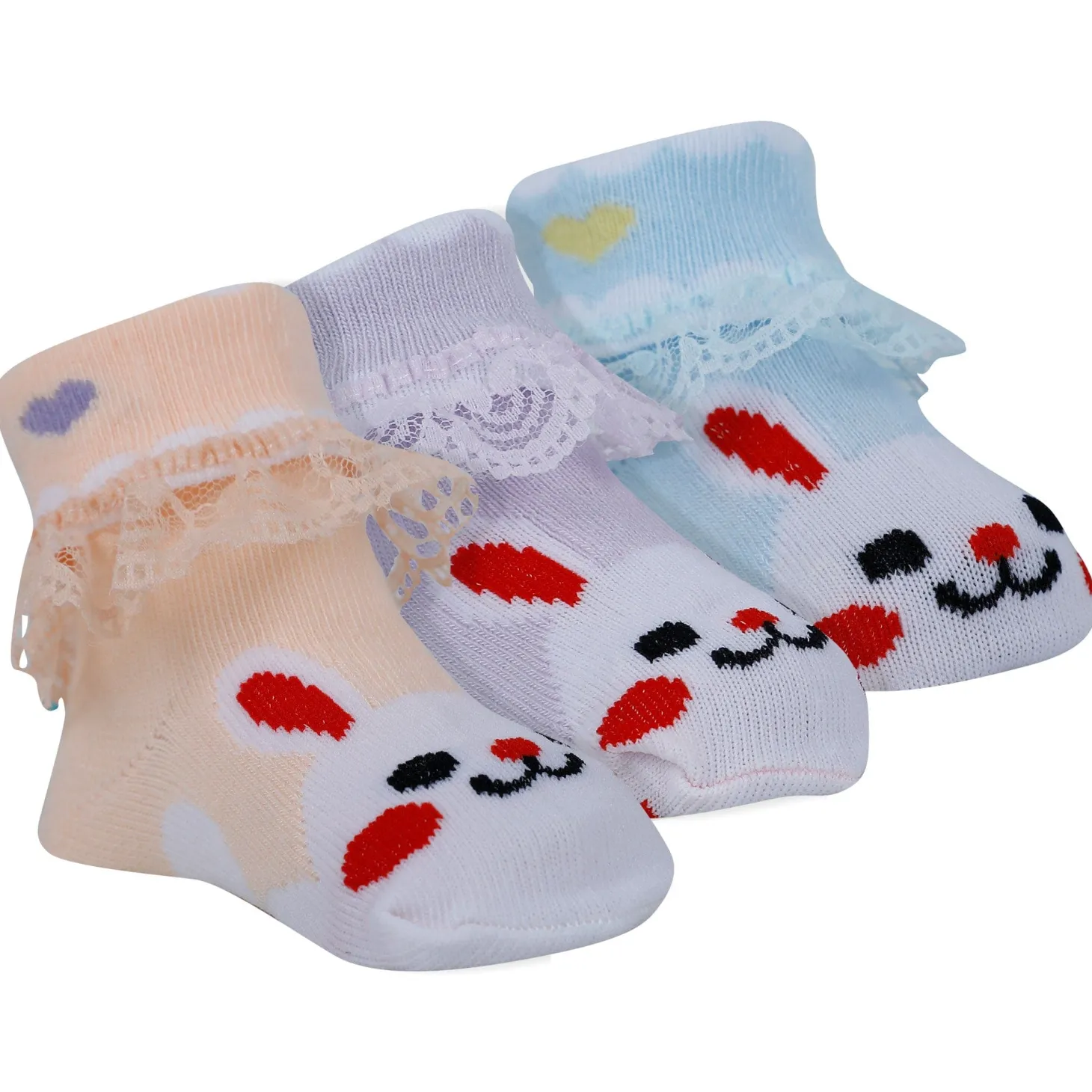 Baby Moo Heart Print Soft Lace Socks Pack of 3 - Peach, Blue