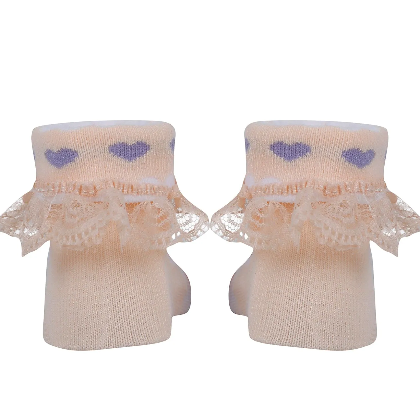 Baby Moo Heart Print Soft Lace Socks Pack of 3 - Peach, Blue