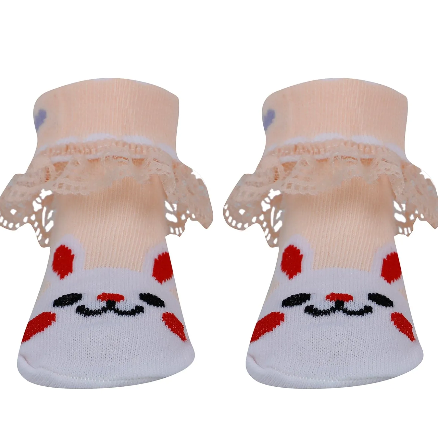 Baby Moo Heart Print Soft Lace Socks Pack of 3 - Peach, Blue