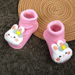 Baby Moo Hello Bunny Cotton Anti-Skid 3D Socks - Pink