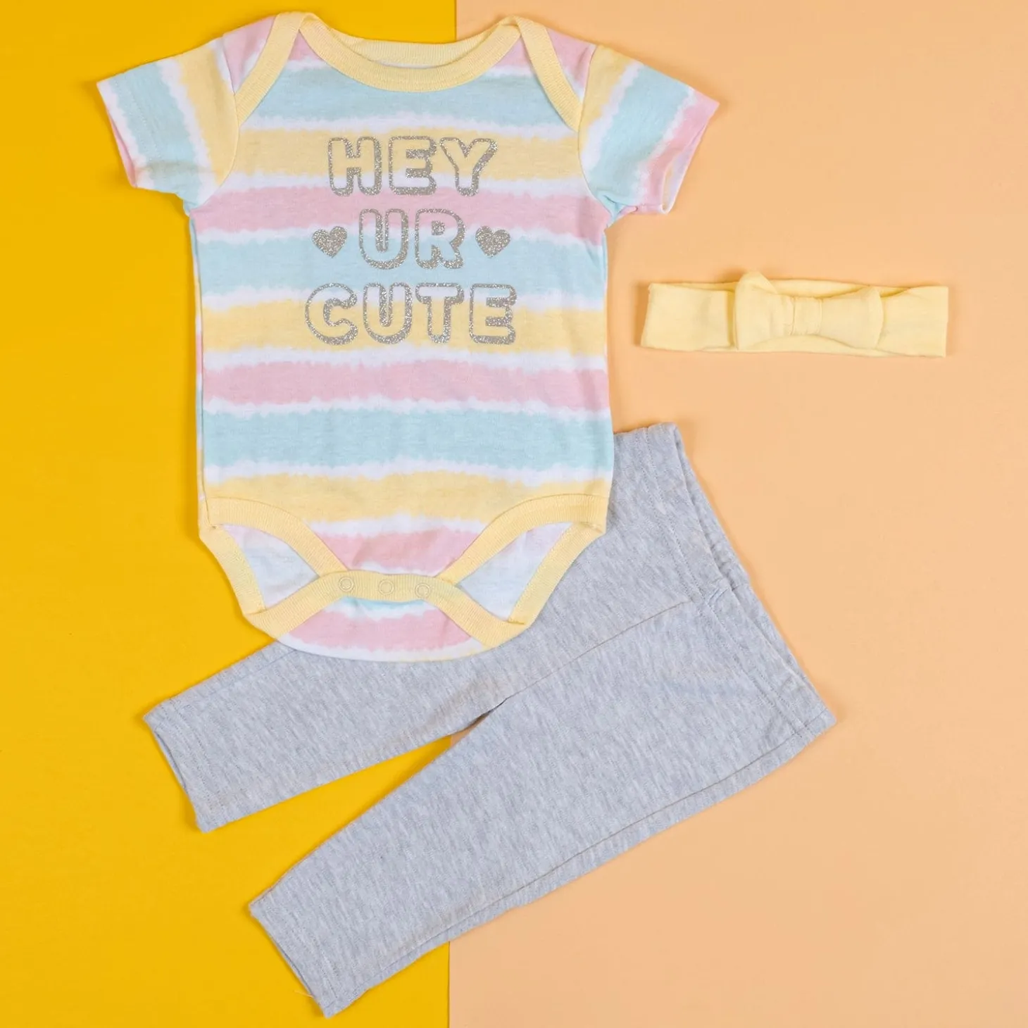Baby Moo Hey Cutie Gift Set 3 Piece With Bodysuit, Leggings And Headband - Yellow, Grey