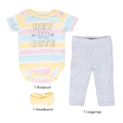 Baby Moo Hey Cutie Gift Set 3 Piece With Bodysuit, Leggings And Headband - Yellow, Grey