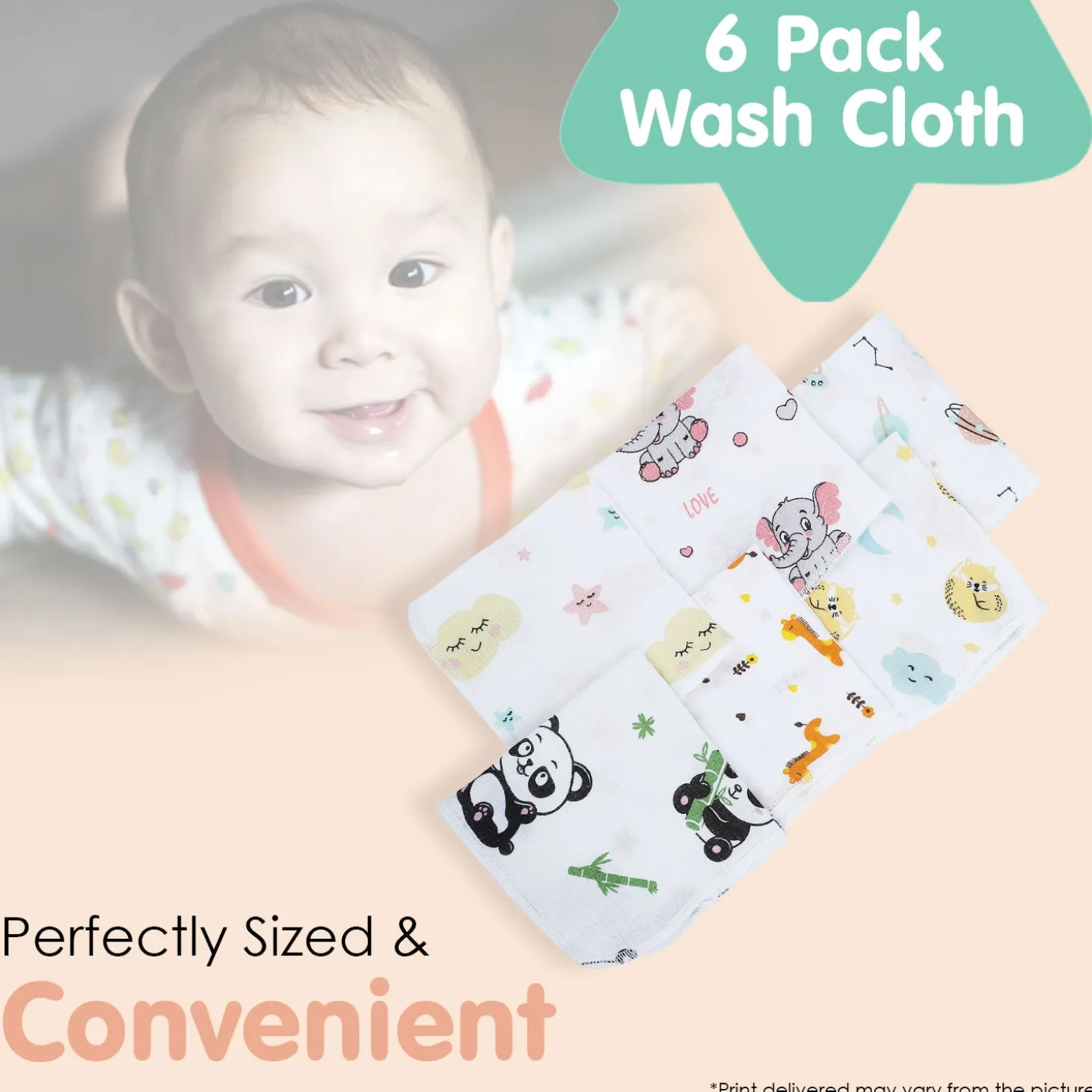Baby Moo Highly Absorbent Cotton 6 Pcs Wash Cloth - Multicolour
