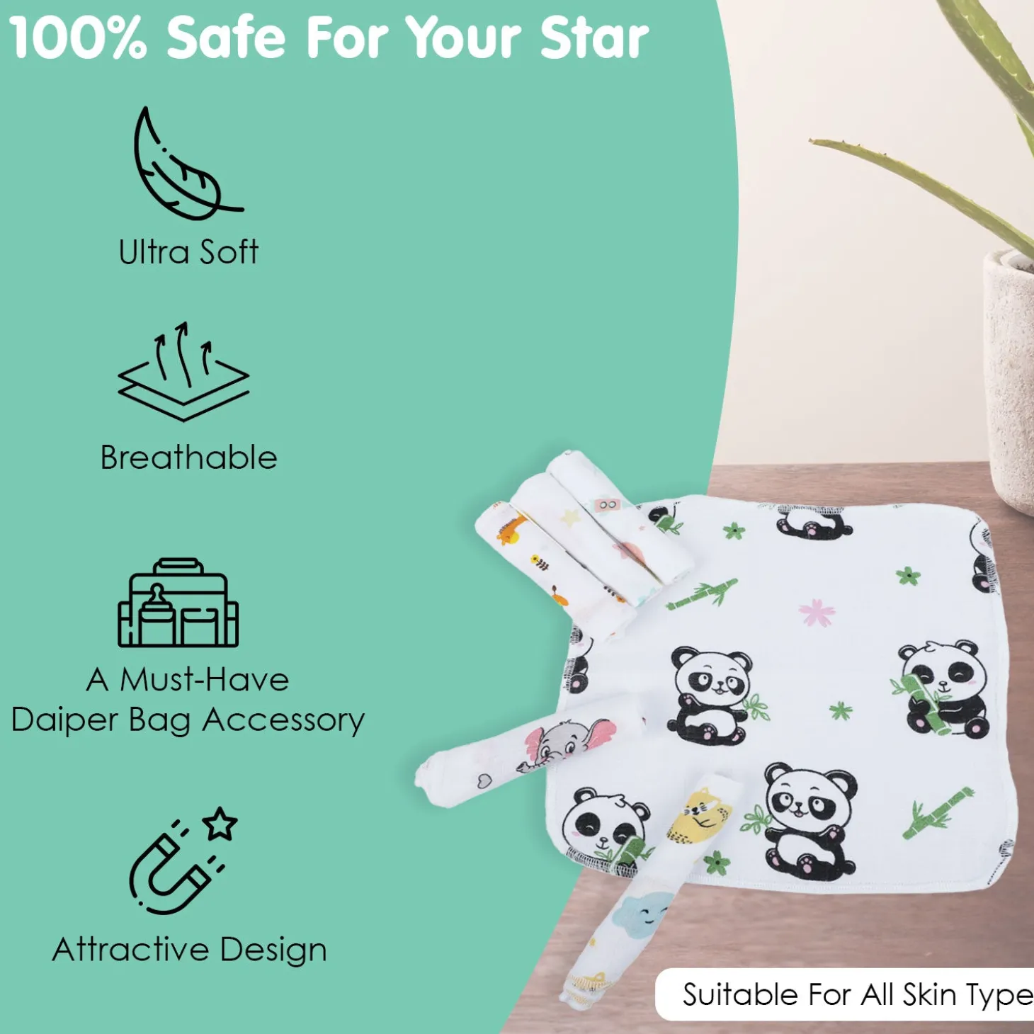 Baby Moo Highly Absorbent Cotton 6 Pcs Wash Cloth - Multicolour