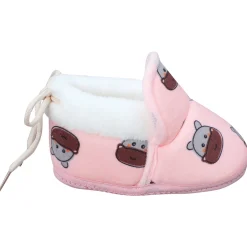 Baby Moo Hippo Face Printed Soft Slip-On Anti-Skid Plush Warm Booties - Pink
