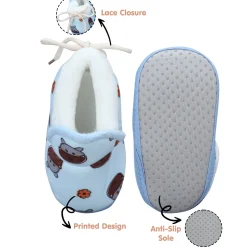Baby Moo Hippo Face Printed Soft Slip-On Anti-Skid Plush Warm Booties - Blue