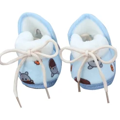 Baby Moo Hippo Face Printed Soft Slip-On Anti-Skid Plush Warm Booties - Blue