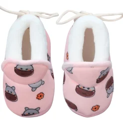 Baby Moo Hippo Face Printed Soft Slip-On Anti-Skid Plush Warm Booties - Pink