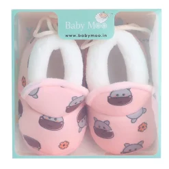 Baby Moo Hippo Face Printed Soft Slip-On Anti-Skid Plush Warm Booties - Pink