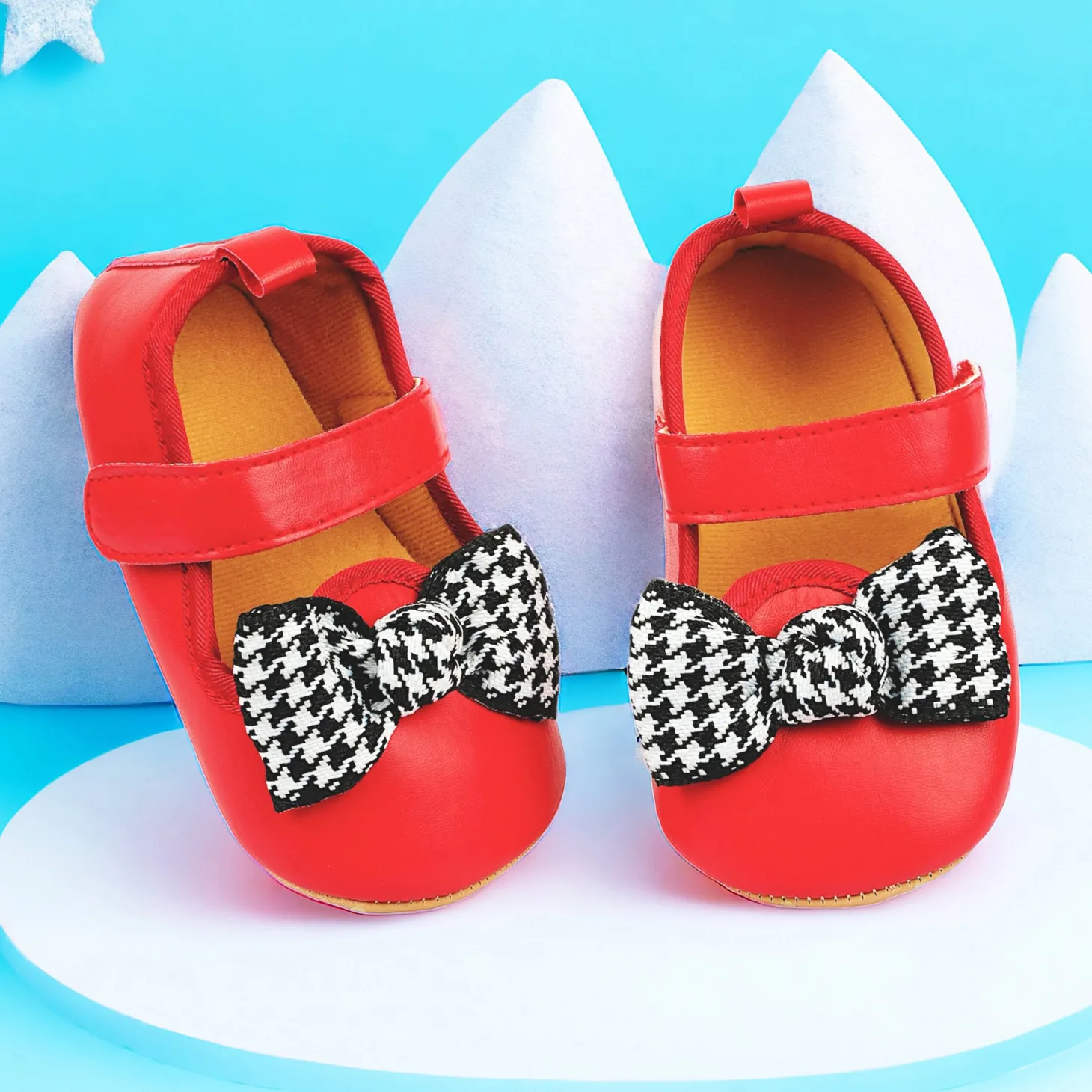 Baby Moo Houndstooth Bow Knot Velcro Strap Anti-Skid Ballerina Booties - Red