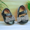 Baby Moo Houndstooth Bow Knot Velcro Strap Anti-Skid Ballerina Booties - Black
