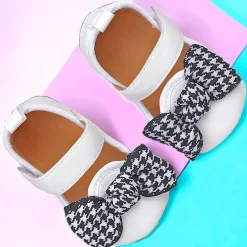 Baby Moo Houndstooth Bow Knot Velcro Strap Anti-Skid Ballerina Booties - White