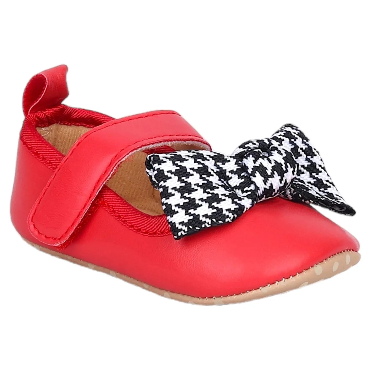 Baby Moo Houndstooth Bow Knot Velcro Strap Anti-Skid Ballerina Booties - Red