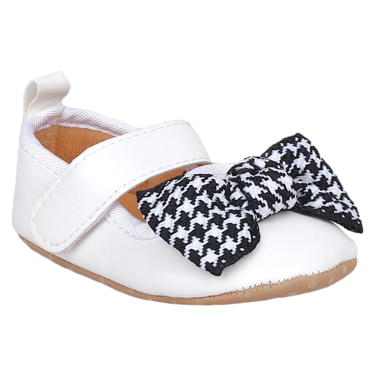 Baby Moo Houndstooth Bow Knot Velcro Strap Anti-Skid Ballerina Booties - White