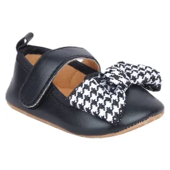 Baby Moo Houndstooth Bow Knot Velcro Strap Anti-Skid Ballerina Booties - Black