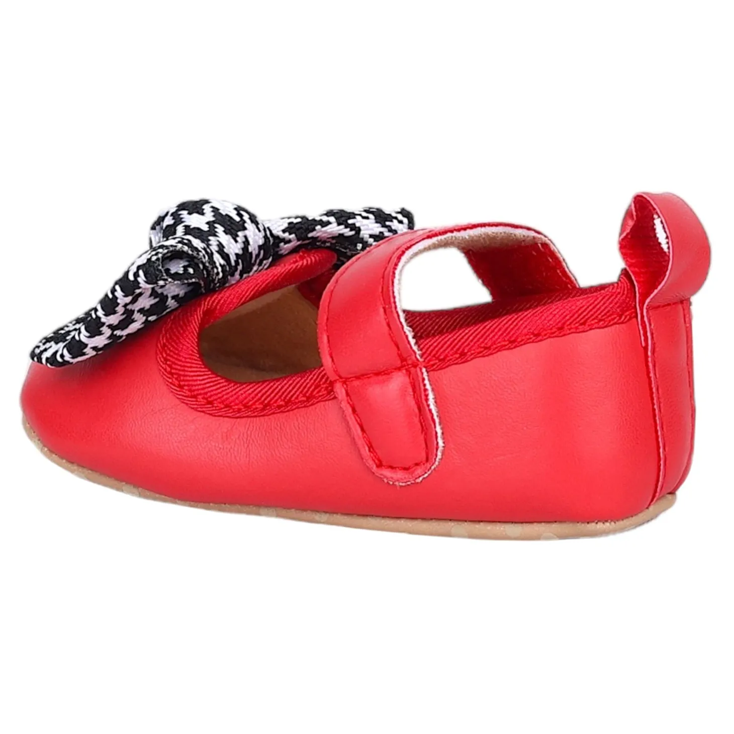Baby Moo Houndstooth Bow Knot Velcro Strap Anti-Skid Ballerina Booties - Red