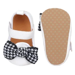 Baby Moo Houndstooth Bow Knot Velcro Strap Anti-Skid Ballerina Booties - White