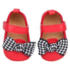 Baby Moo Houndstooth Bow Knot Velcro Strap Anti-Skid Ballerina Booties - Red