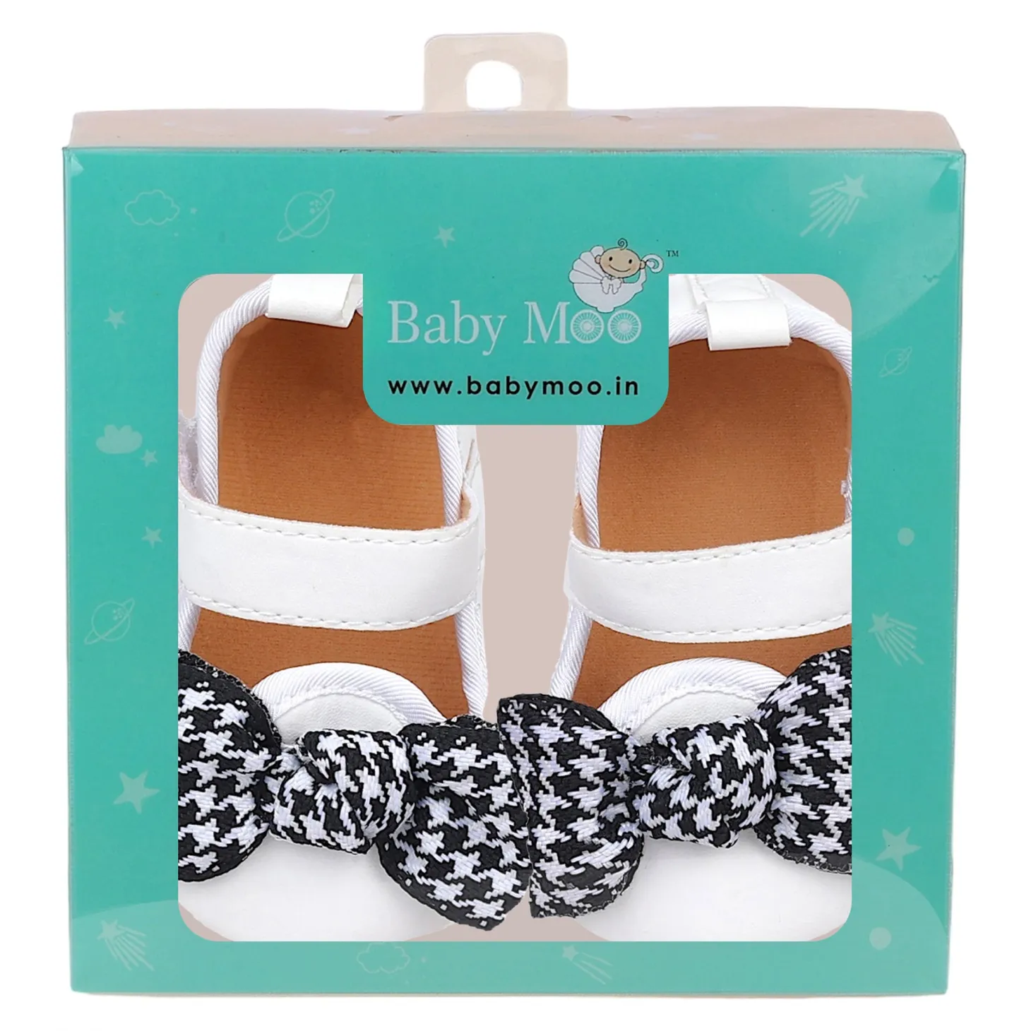 Baby Moo Houndstooth Bow Knot Velcro Strap Anti-Skid Ballerina Booties - White