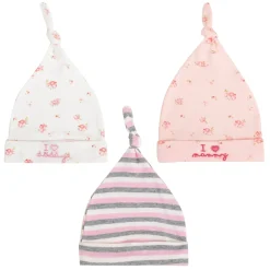 Baby Moo I Love Mommy Daddy Knotted Infants Ultra Soft 100% Cotton All Season Pack of 3 Caps - Pink