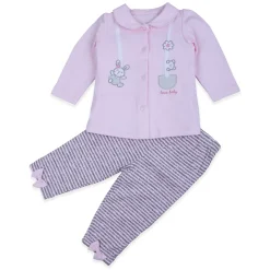 Baby Moo Jumping Bunny Embroidered Long Sleeve 2pcs Casual Baby Suit - Pink