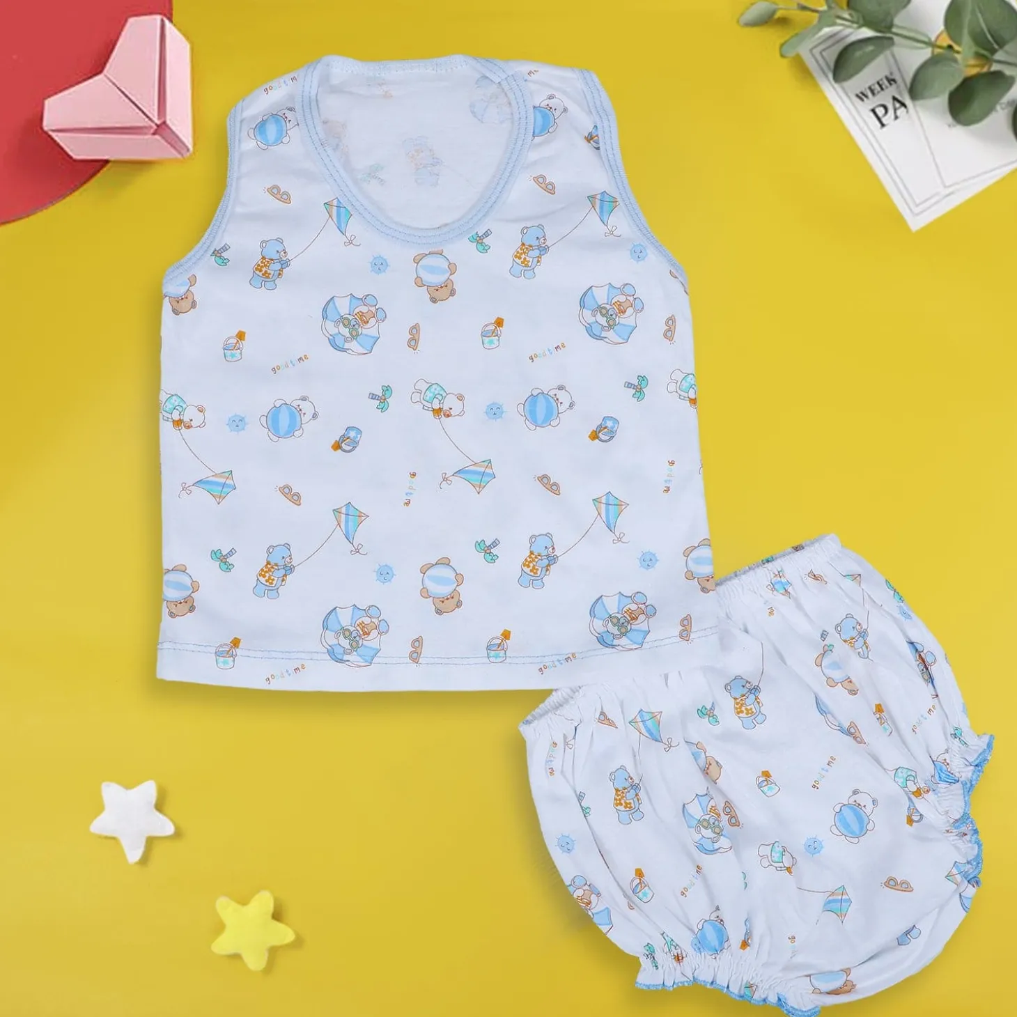 Baby Moo Kite Flying Bear Pure Cotton Sleeveless Vest With Matching Bottom 2pcs Set - Blue