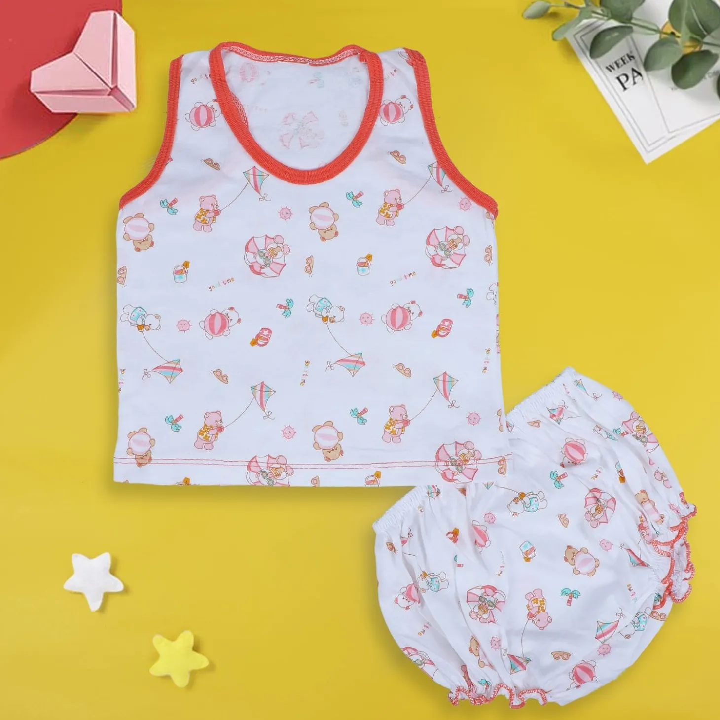 Baby Moo Kite Flying Bear Pure Cotton Sleeveless Vest With Matching Bottom 2pcs Set - Red