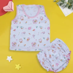 Baby Moo Kite Flying Bear Pure Cotton Sleeveless Vest With Matching Bottom 2pcs Set - Pink