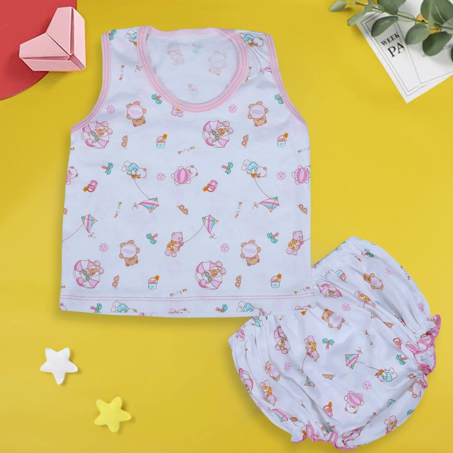 Baby Moo Kite Flying Bear Pure Cotton Sleeveless Vest With Matching Bottom 2pcs Set - Pink