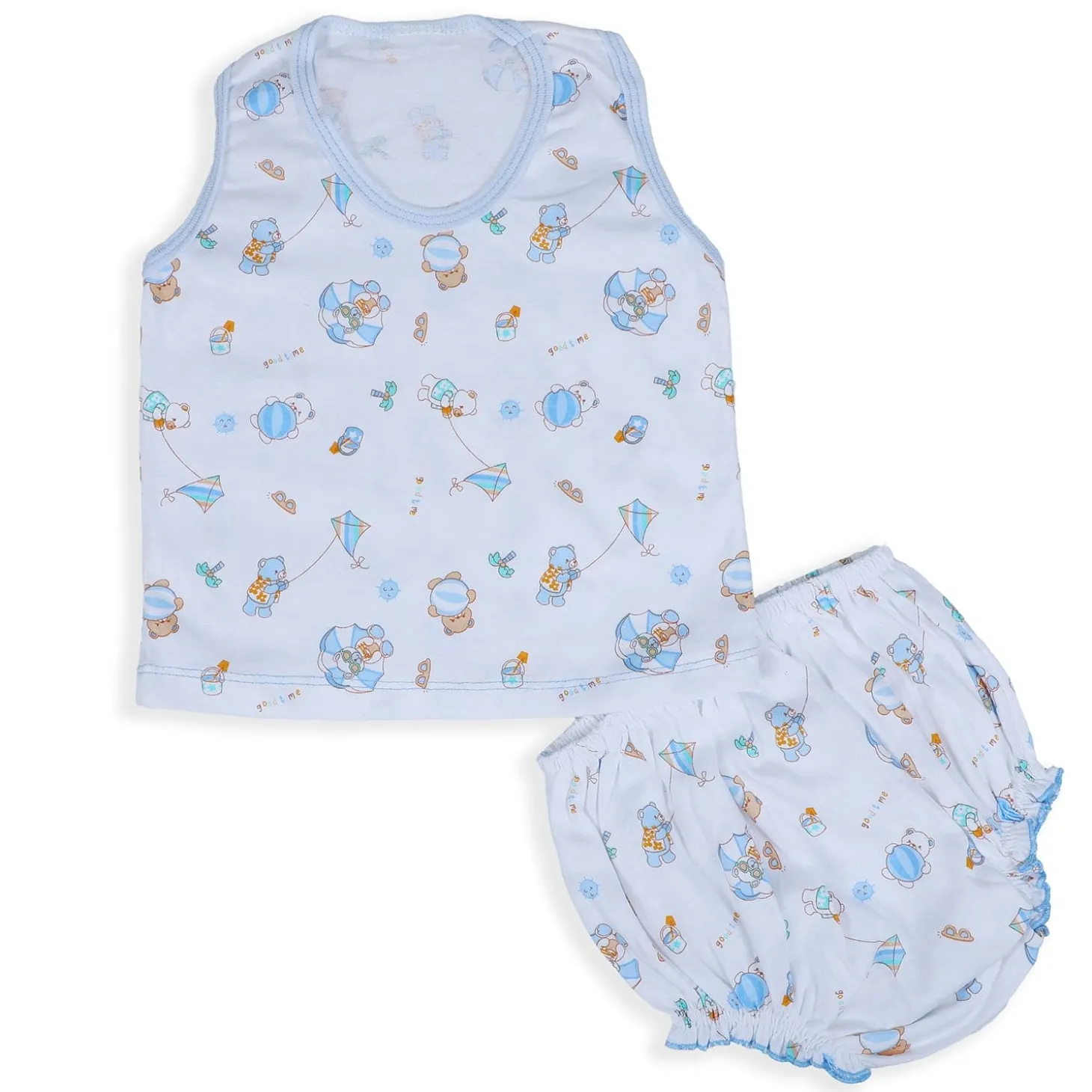 Baby Moo Kite Flying Bear Pure Cotton Sleeveless Vest With Matching Bottom 2pcs Set - Blue