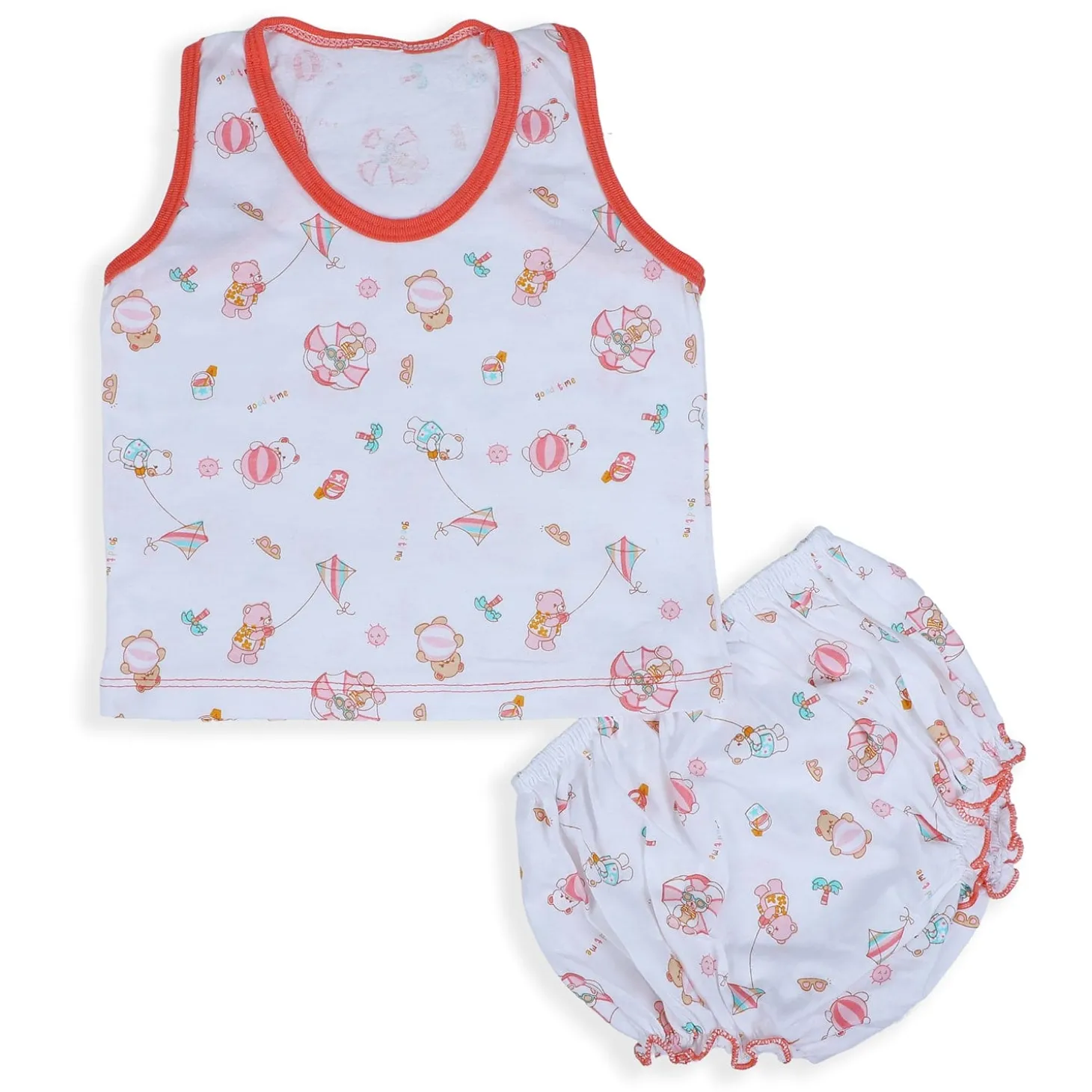 Baby Moo Kite Flying Bear Pure Cotton Sleeveless Vest With Matching Bottom 2pcs Set - Red