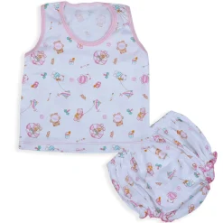 Baby Moo Kite Flying Bear Pure Cotton Sleeveless Vest With Matching Bottom 2pcs Set - Pink
