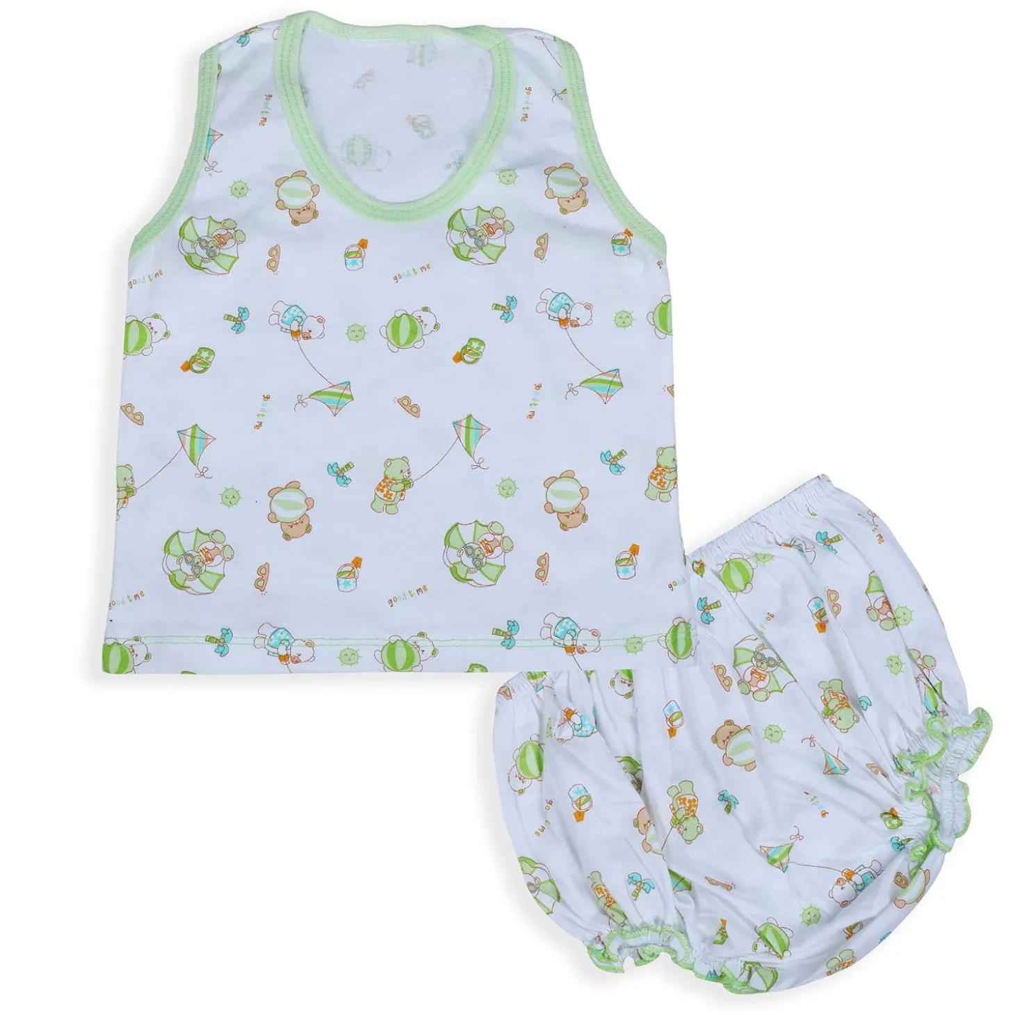 Baby Moo Kite Flying Bear Pure Cotton Sleeveless Vest With Matching Bottom 2pcs Set - Green