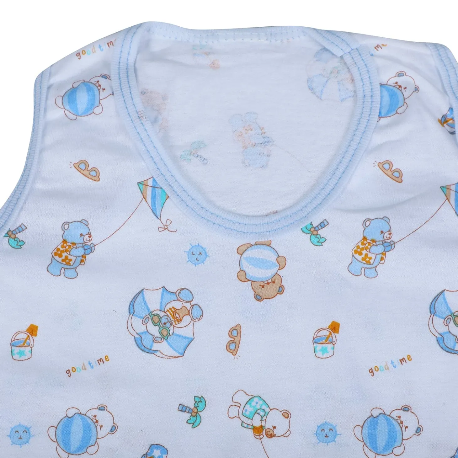 Baby Moo Kite Flying Bear Pure Cotton Sleeveless Vest With Matching Bottom 2pcs Set - Blue
