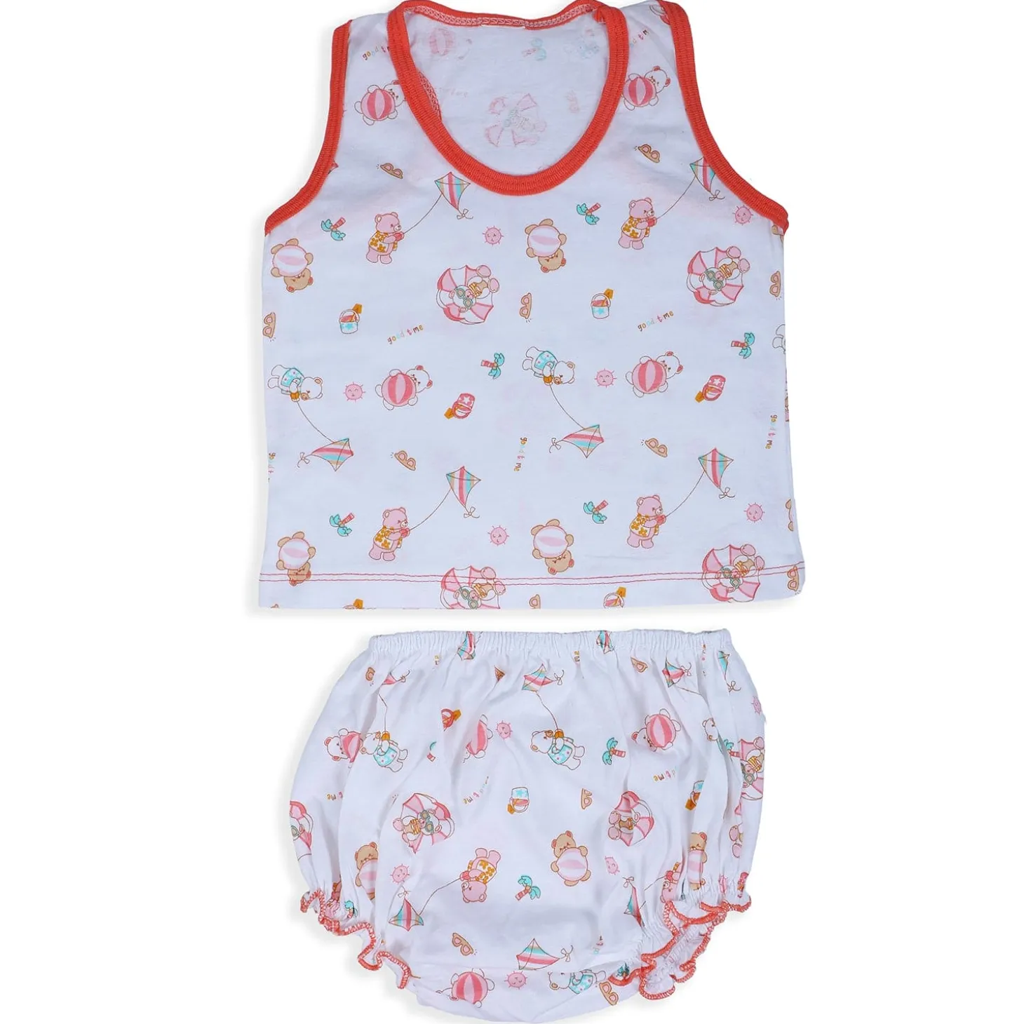 Baby Moo Kite Flying Bear Pure Cotton Sleeveless Vest With Matching Bottom 2pcs Set - Red