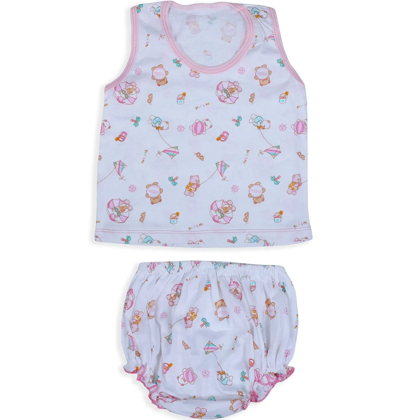 Baby Moo Kite Flying Bear Pure Cotton Sleeveless Vest With Matching Bottom 2pcs Set - Pink