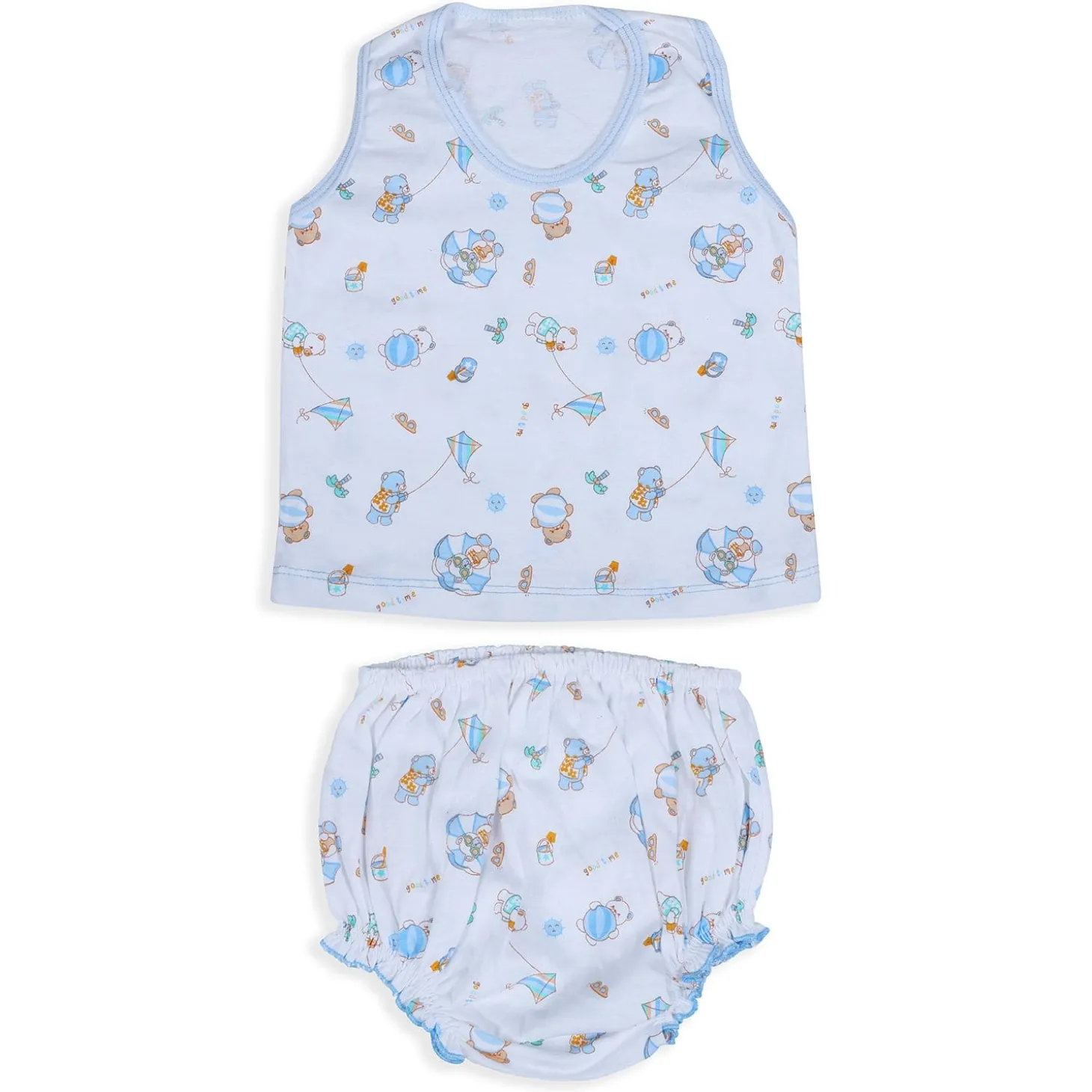 Baby Moo Kite Flying Bear Pure Cotton Sleeveless Vest With Matching Bottom 2pcs Set - Blue