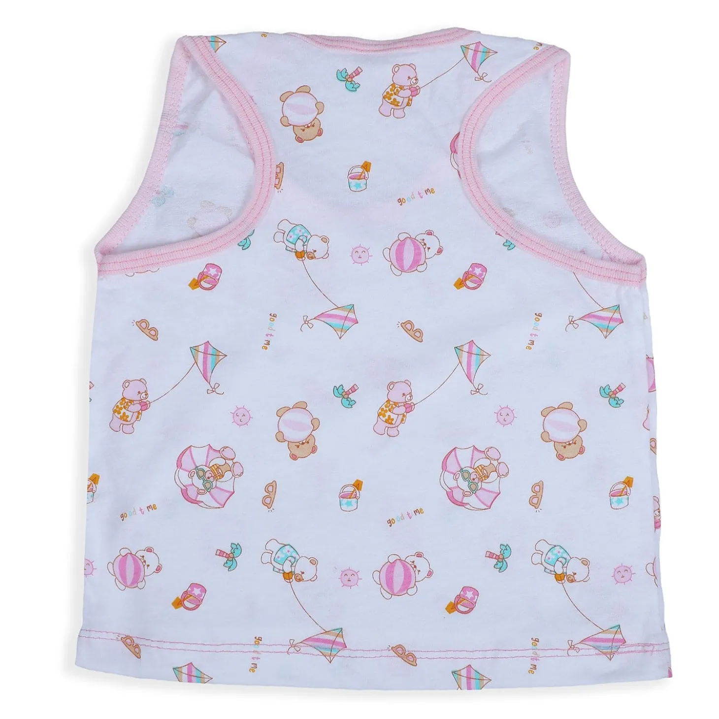 Baby Moo Kite Flying Bear Pure Cotton Sleeveless Vest With Matching Bottom 2pcs Set - Pink