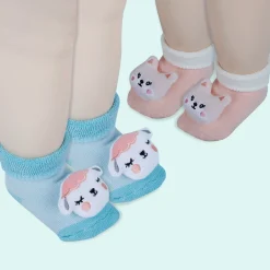 Baby Moo Kitty And Cow 3D Rattle Anti-Skid Socks Booties Pack of 2 - Peach, Green