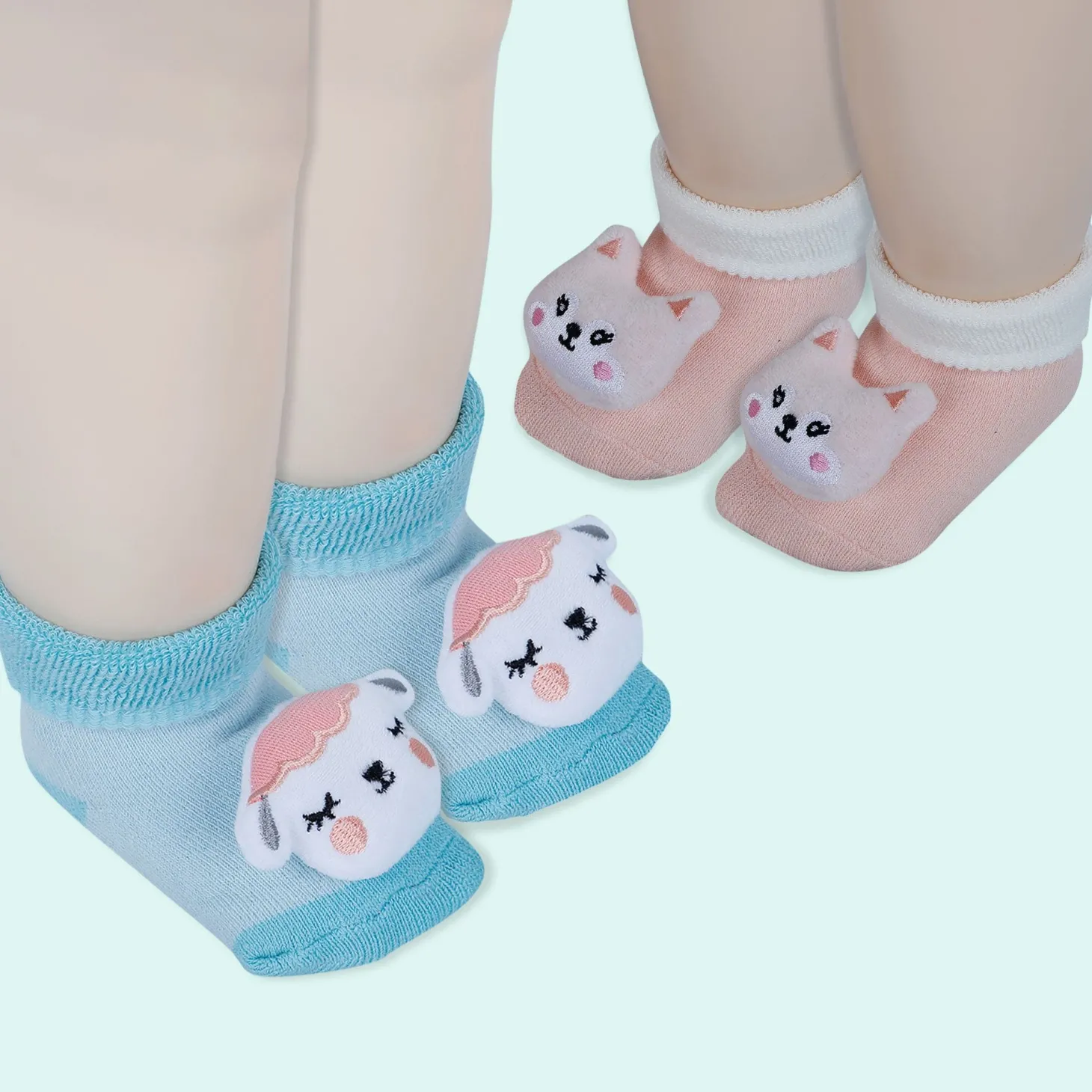 Baby Moo Kitty And Cow 3D Rattle Anti-Skid Socks Booties Pack of 2 - Peach, Green