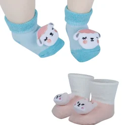 Baby Moo Kitty And Cow 3D Rattle Anti-Skid Socks Booties Pack of 2 - Peach, Green